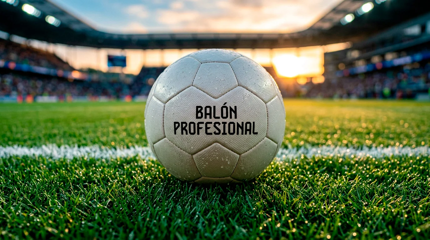 Balon oficial de futbol sobre el cesped verde de un campo profesional con lineas blancas