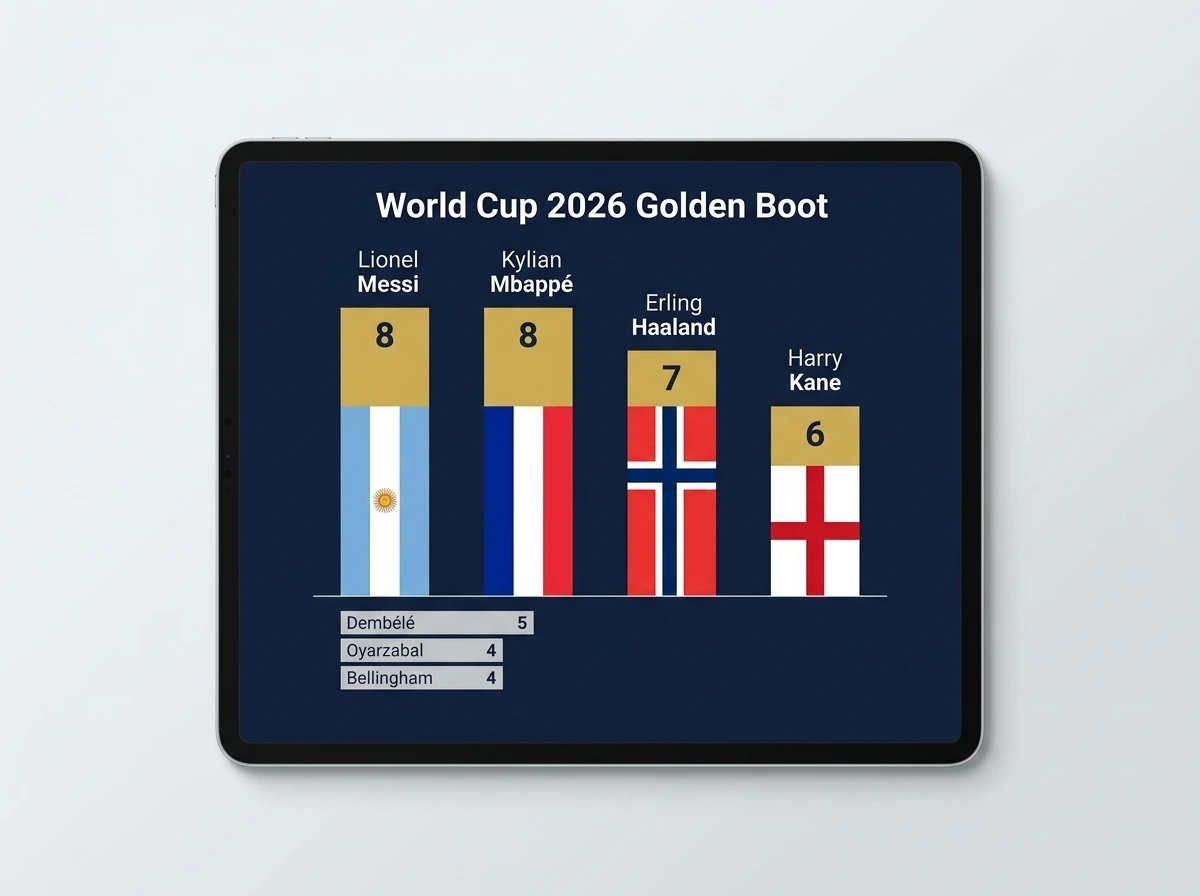 Gráfico de la tabla de goleadores del Mundial 2026: Messi y Mbappé 8, Haaland 7, Kane 6
