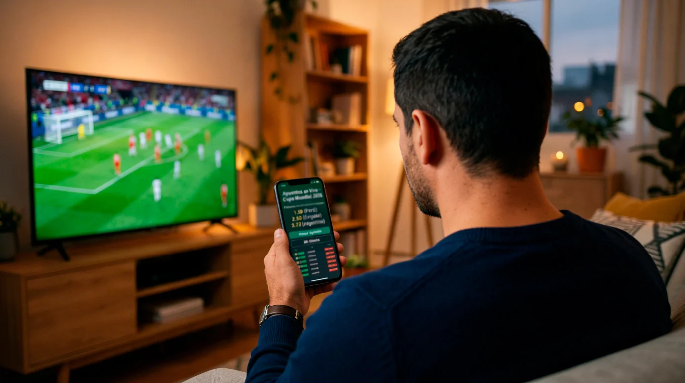 Aficionado peruano revisando cuotas del Mundial 2026 en su celular antes de realizar su primera apuesta deportiva