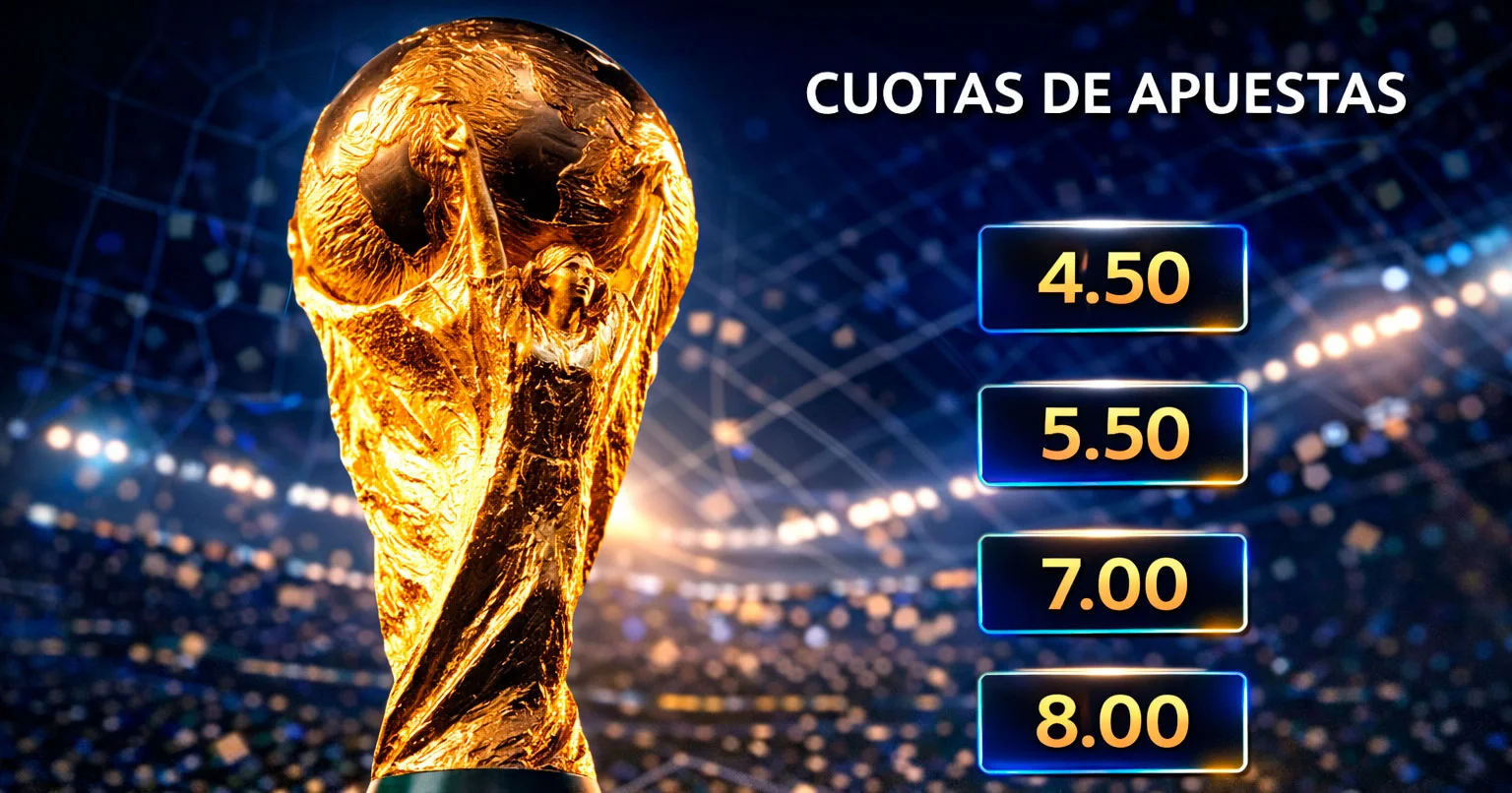 Trofeo de la Copa del Mundo FIFA 2026 con gráficos de cuotas y estadísticas de los equipos favoritos para ganar el torneo