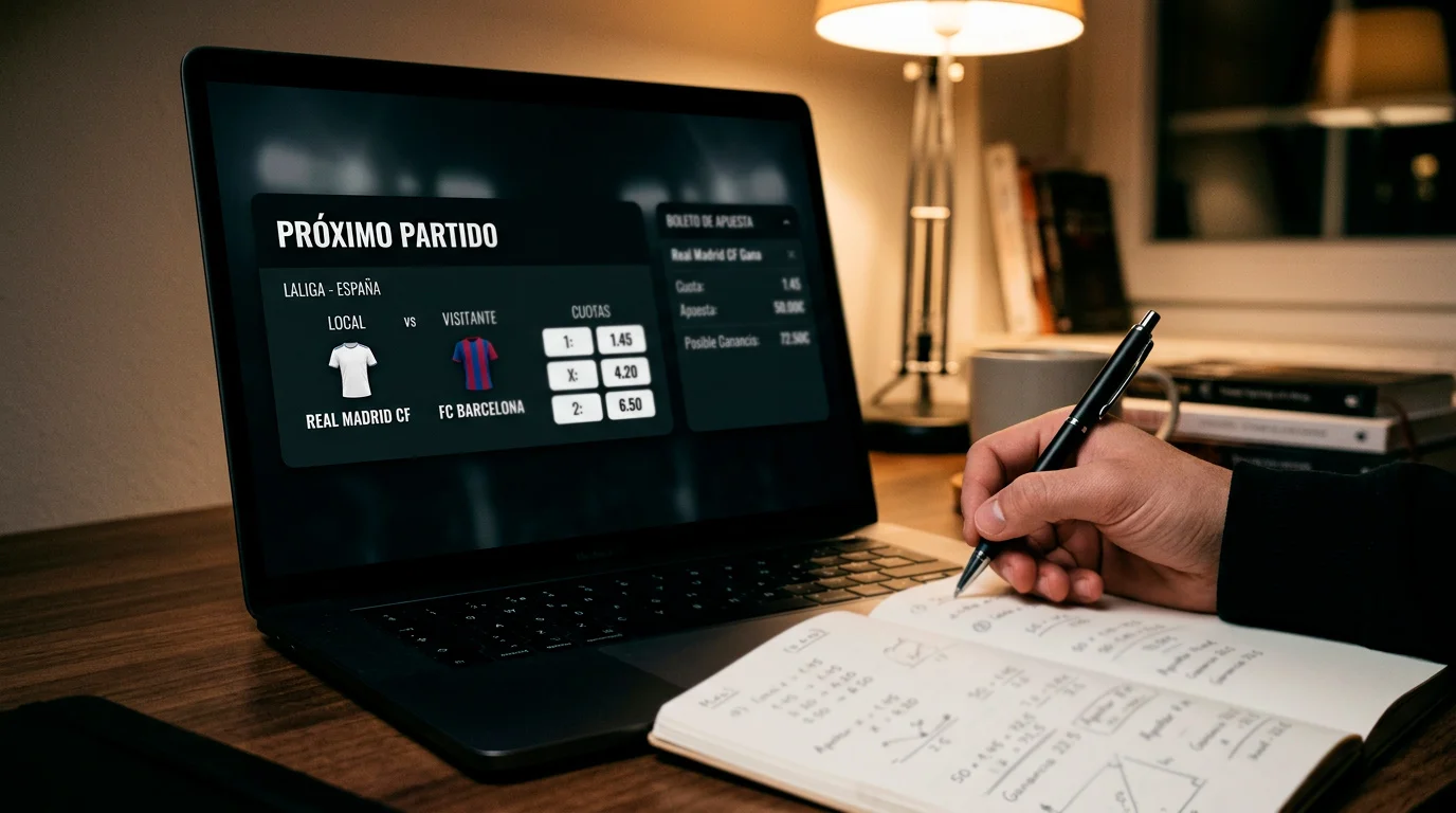 Pantalla de casa de apuestas mostrando cuotas decimales para un partido de fase de grupos del Mundial 2026 con cálculo de ganancia potencial