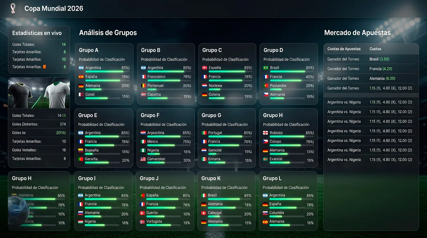 Tabla de cuotas de clasificación para los 12 grupos del Mundial 2026 mostrando probabilidades de avance
