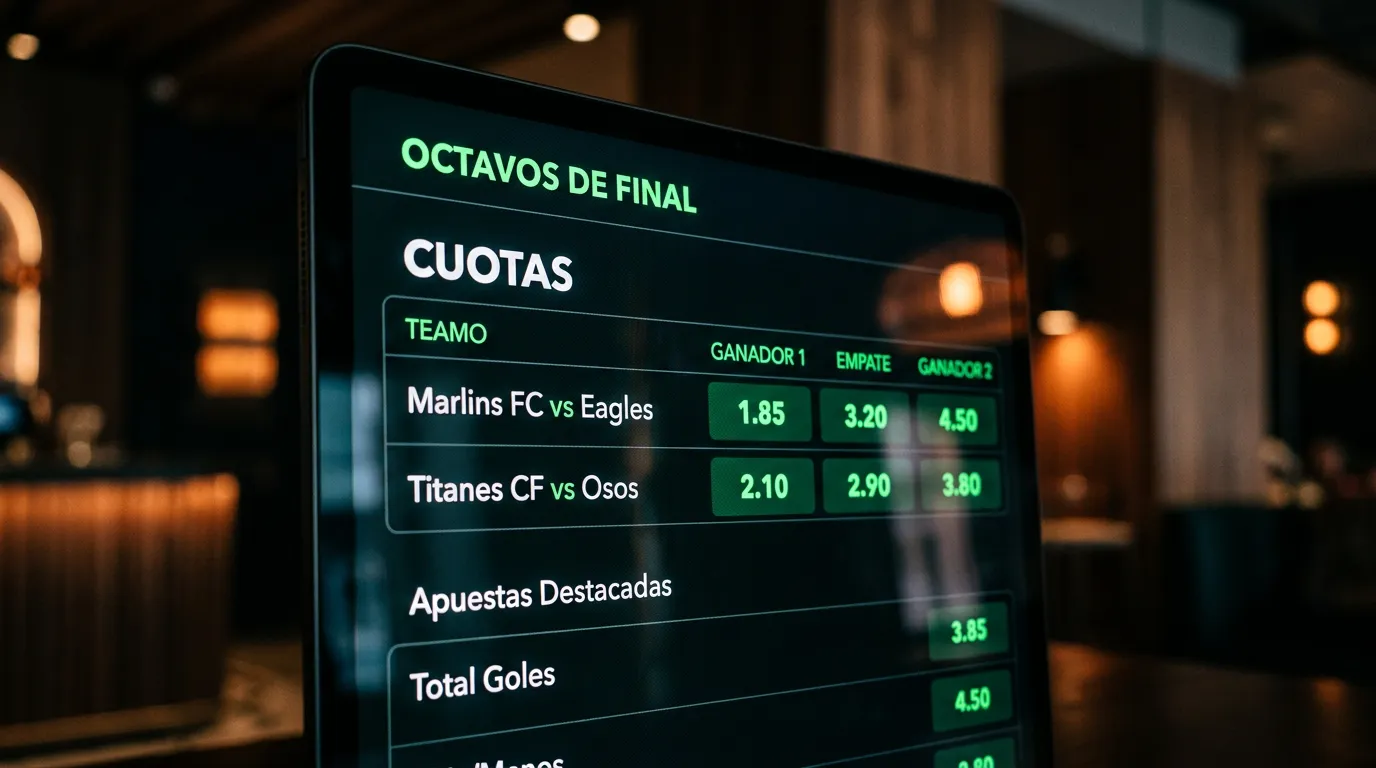 Pantalla de una casa de apuestas mostrando cuotas de fútbol en formato decimal antes de los octavos del Mundial 2026