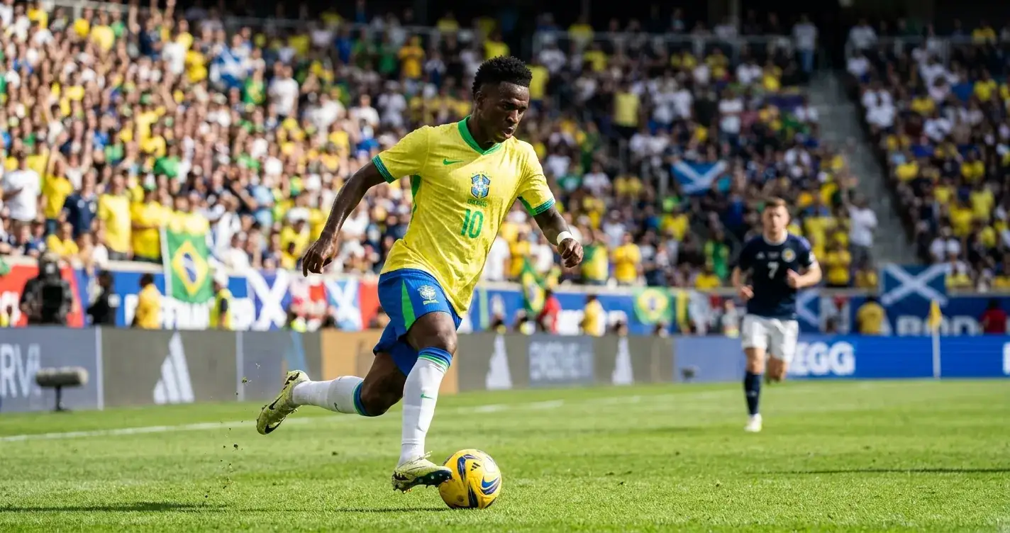 Jugador de la selección de Brasil con la camiseta amarilla conduciendo el balón en un partido del Mundial 2026