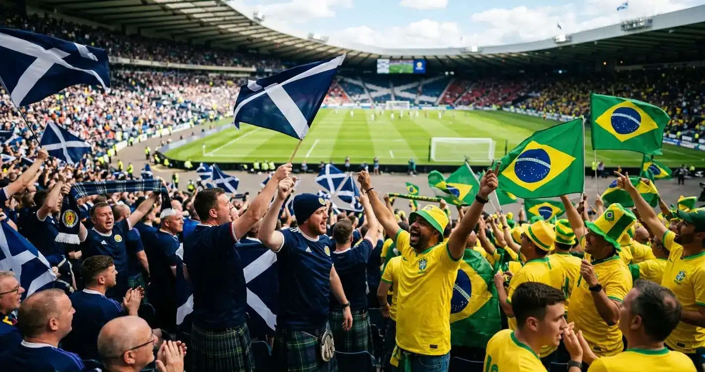 Hinchas de Escocia y Brasil en las tribunas de un estadio durante el Mundial 2026