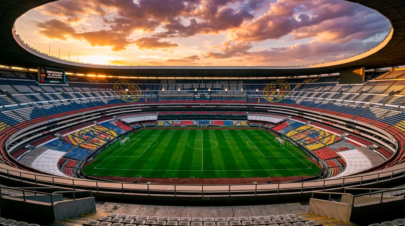 Vista panoramica del Estadio Azteca al atardecer con el campo de futbol iluminado