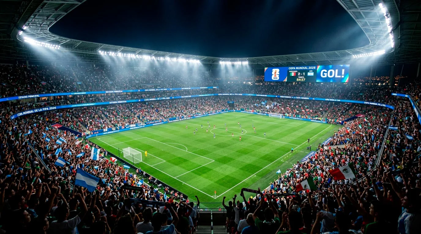 Estadio de fútbol durante un partido nocturno del Mundial 2026