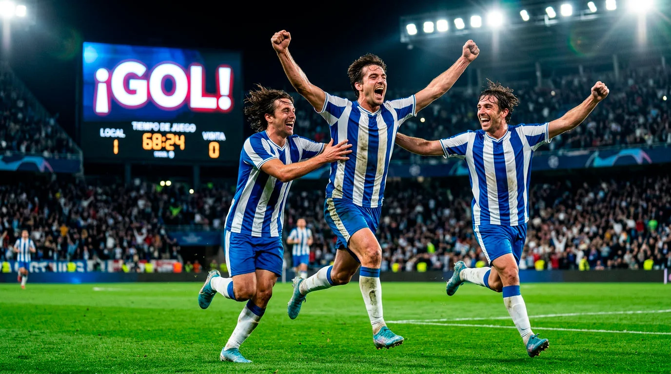 Jugadores de futbol celebrando un gol durante un partido nocturno en estadio moderno