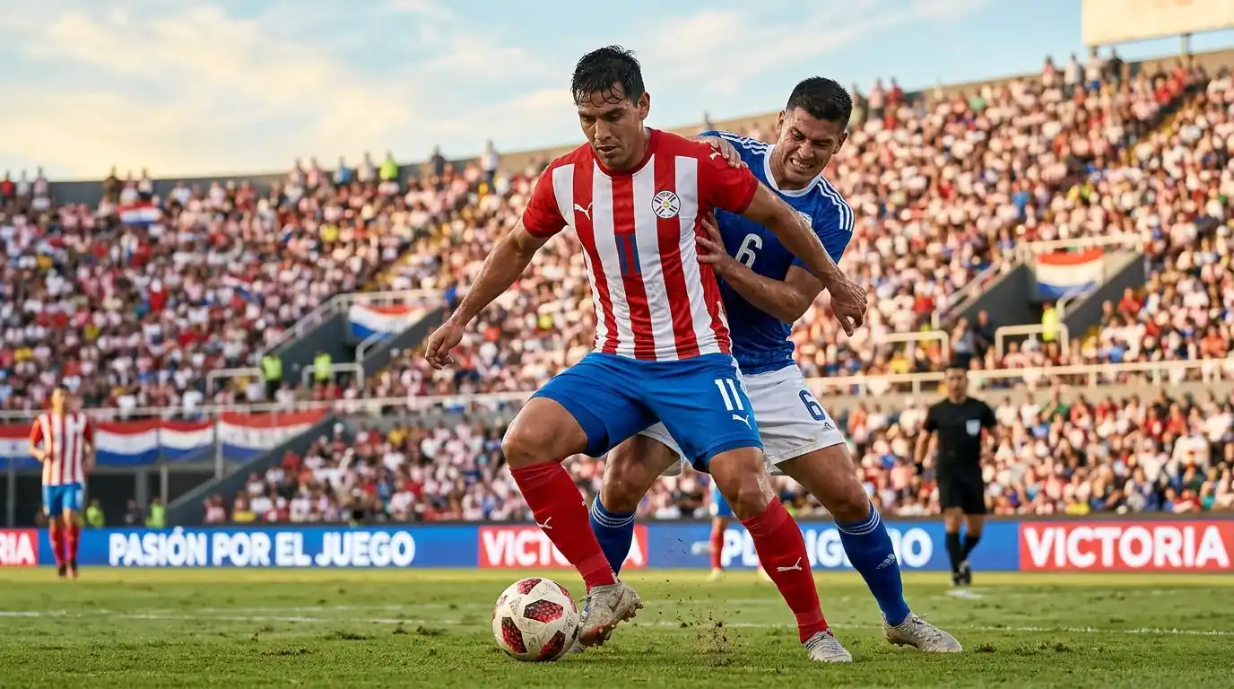 Jugador de la selección de Paraguay disputando el balón ante un rival en un estadio del Mundial 2026