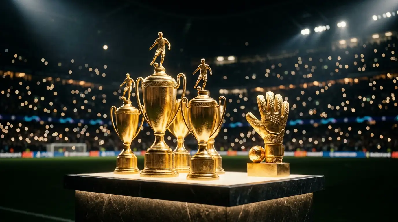 Balones y guante dorados sobre un pedestal iluminado en un estadio