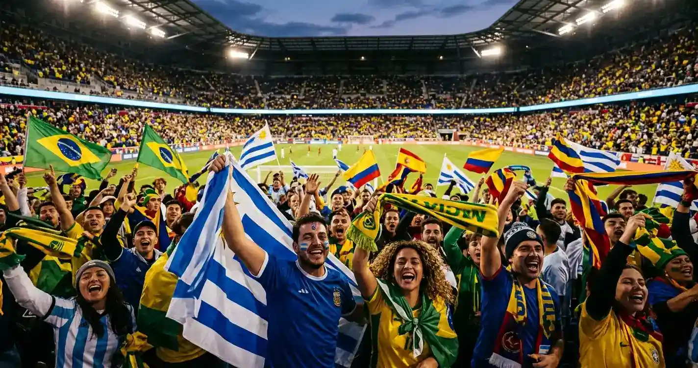 Hinchas con banderas de selecciones sudamericanas celebrando en las tribunas de un estadio del Mundial 2026