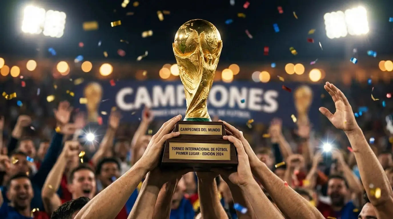 Trofeo de campeón del mundo levantado entre luces de estadio con la afición de fondo