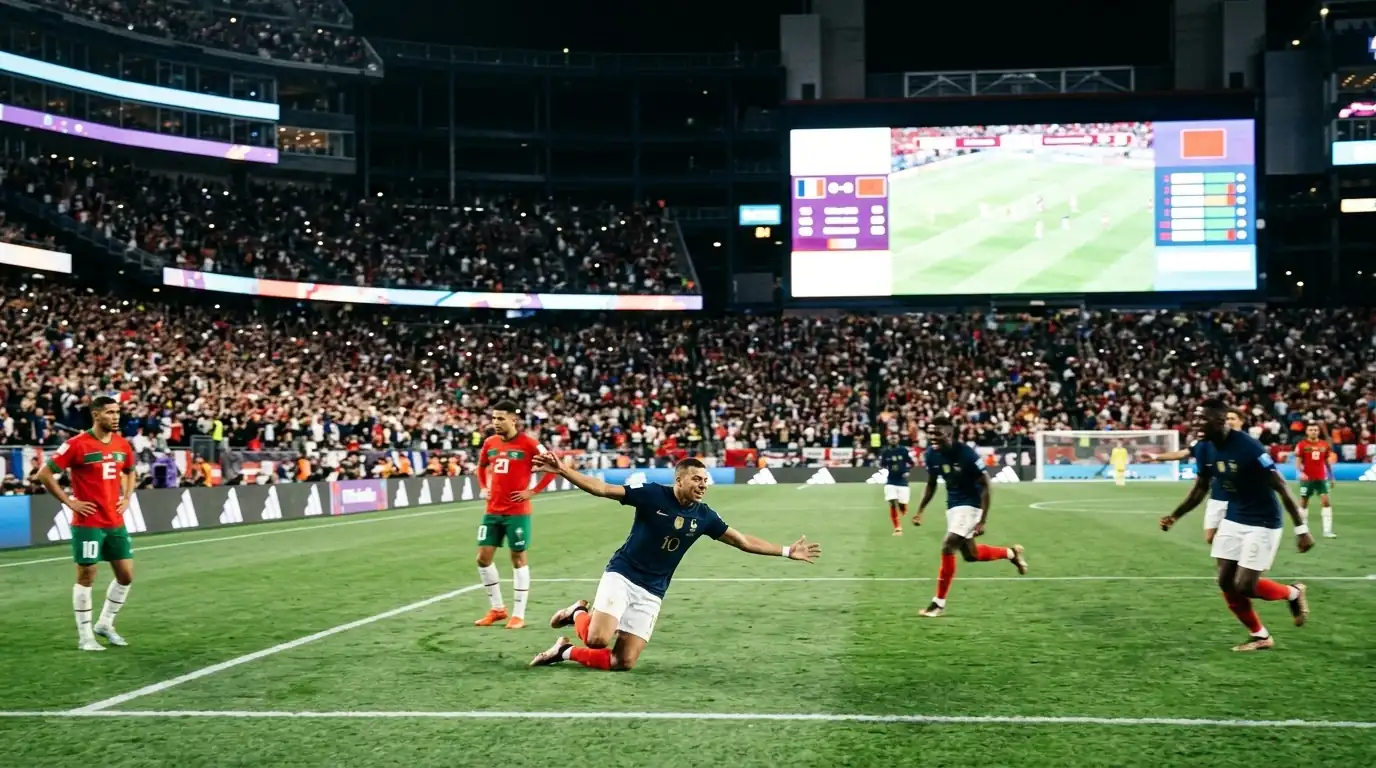 Mbappé celebra su gol ante Marruecos en el Gillette Stadium de Foxborough