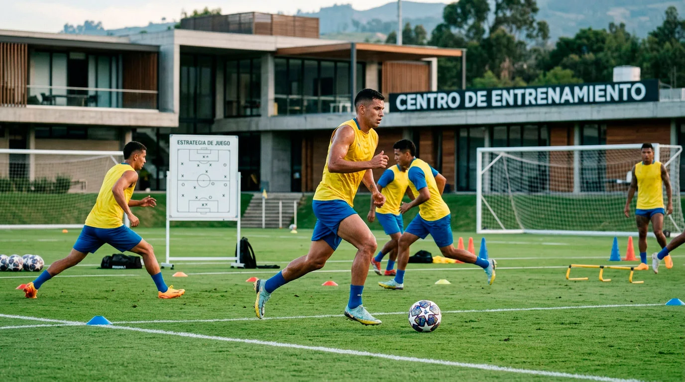 Jugadores de seleccion sudamericana entrenando en campo de futbol con uniforme de entrenamiento