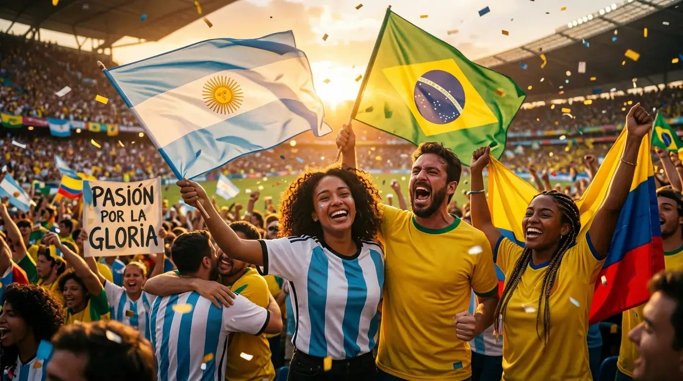 Aficionados sudamericanos con banderas de Argentina, Brasil y Colombia animando en las tribunas del Mundial 2026